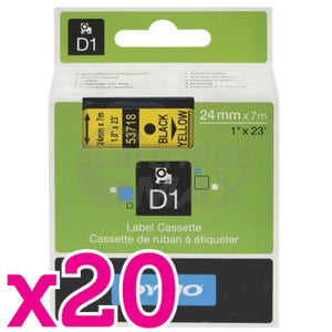 20 x Dymo D1 SD53718 / S0720980 Original 24mm Black Text on Yellow Label Cassette - 7 meters