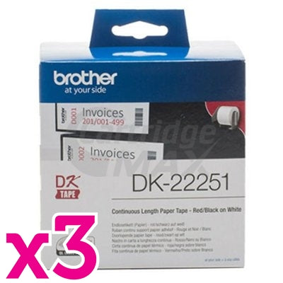 3 x Brother DK-22251 Original White Black & Red Text on White Continuous Label Roll 62mm x 15.24m