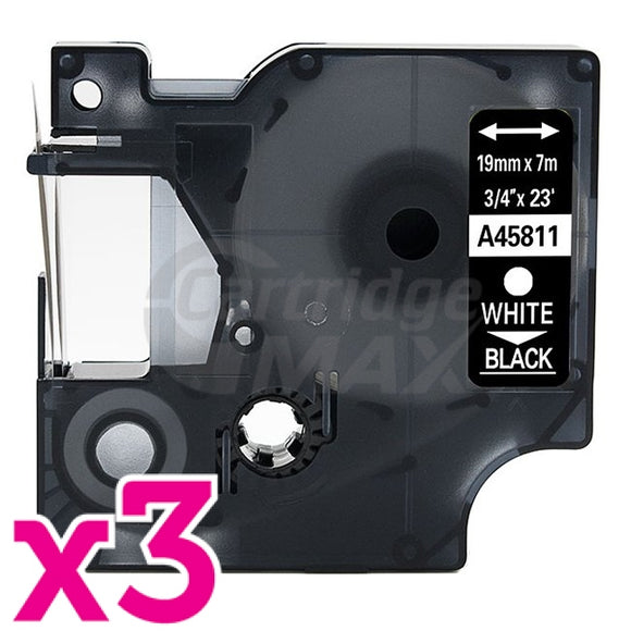3 x Dymo SD45811 / S0720910 Generic 19mm White Text on Black Label Cassette - 7 meters