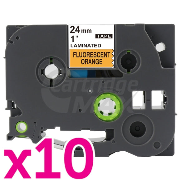 10 x Brother TZe-B51 Generic 24mm Black Text on Orange Fluorescent Laminated Tape - 5 meters
