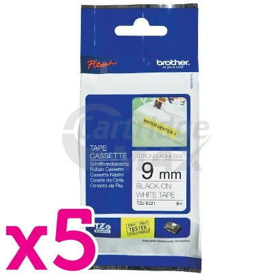 5 x Brother TZe-S221 Original 9mm Black Text on White Strong Adhesive Laminated Tape - 8 metres