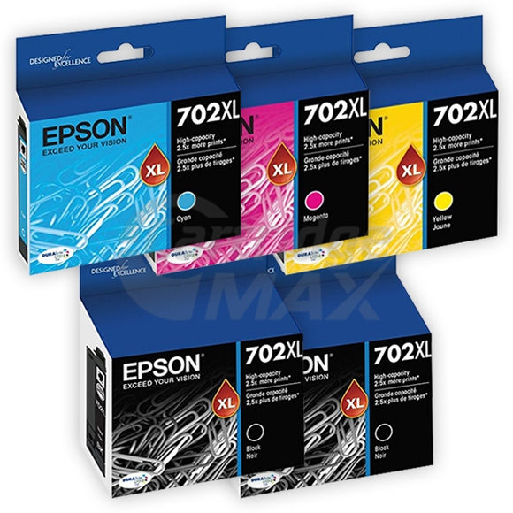 5 Pack Epson 702XL Original High Yield Inkjet Cartridges Combo [2BK,1C,1M,1Y]