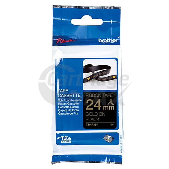 Original Brother TZe-R354 24mm Gold Text on Black Ribbon Tape - 4 metres