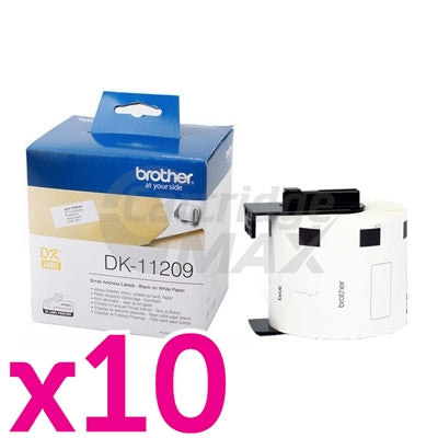 10 x Brother DK-11209 Original Black Text on White Die-Cut Paper Label Roll 29mm x 62mm - 800 labels per roll