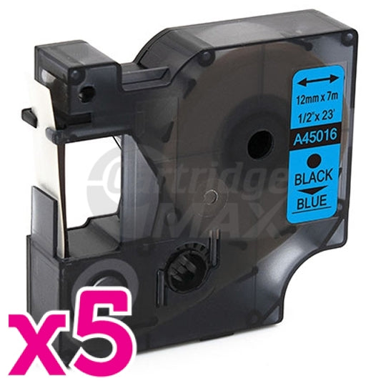 5 x Dymo SD45016 / S0720560 Generic 12mm Black Text on Blue Label Cassette - 7 meters