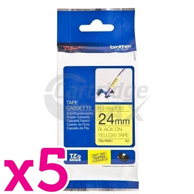 5 x Brother TZe-FX651 Original 24mm Black Text on Yellow Flexible ID Laminated Tape - 8 metres