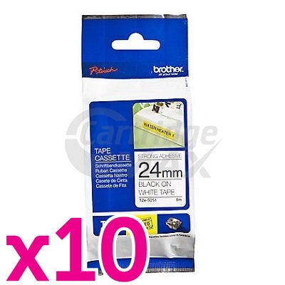 10 x Original Brother TZe-S251 24mm Black Text on White Strong Adhesive Laminated Tape - 8 metres