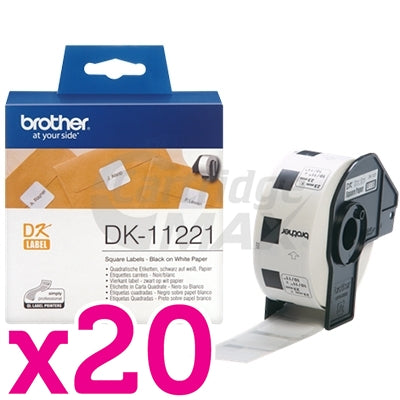 20 x Brother DK-11221 Original Black Text on White 23mm x 23mm Die-Cut Paper Label Roll - 1000 labels per roll