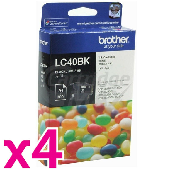 4 x Original Brother LC-40BK Black Ink Cartridge - 300 pages each