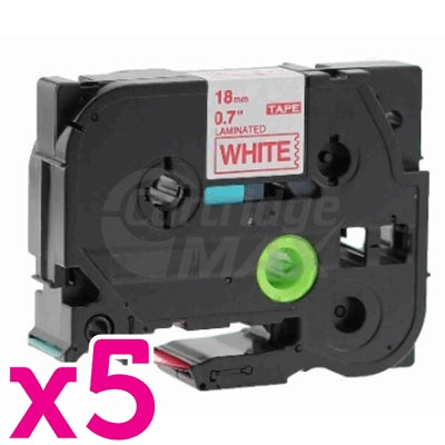 5 x Brother TZe-242 Generic 18mm Red Text on White Laminated Tape - 8 meters