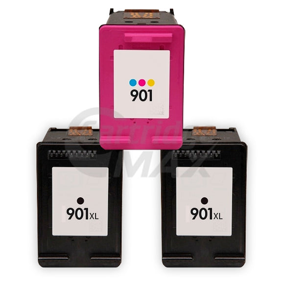 3 Pack HP 901XL + 901 Generic Inkjet Cartridges CC654AA + CC656AA [2BK,1CL]