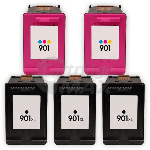5 Pack HP 901XL + 901 Generic Inkjet Cartridges CC654AA + CC656AA [3BK,2CL]