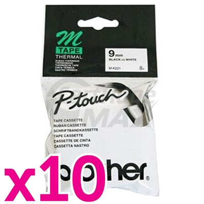 10 x Brother M-K221 Original 9mm Black Text on White Tape - 8 meters