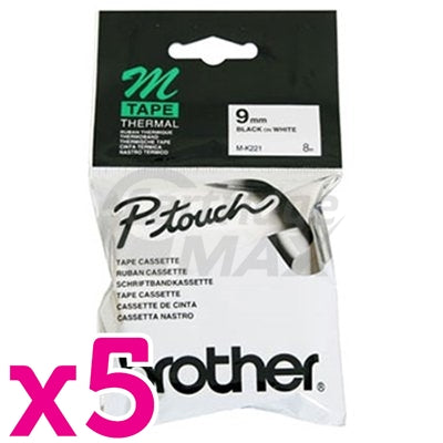 5 x Brother M-K221 Original 9mm Black Text on White Tape - 8 meters
