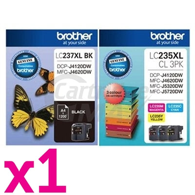 4 Pack Original Brother LC-237XL BK + LC-235XL CL 3PK High Yield Ink Combo [1BK,1C,1M,1Y]