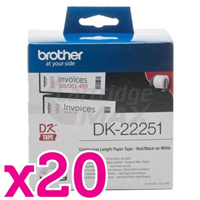 20 x Brother DK-22251 Original Black & Red Text on White Continuous Label Roll 62mm x 15.24m