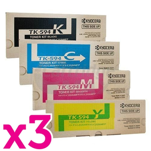 3 sets of 4 Pack Original Kyocera TK-594 Toner Cartridges FS-C2026MFP, FS-C2126MFP, FS-C2526MFP, FS-C2626MFP, FS-C5250DN, M-6026CDN, M-6526CDN, P-6026CDN [3BK,3C,3M,3Y]