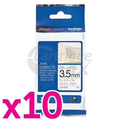 10 x Brother TZe-N201 Original 3.5mm Black Text on White Tape - 8 metres